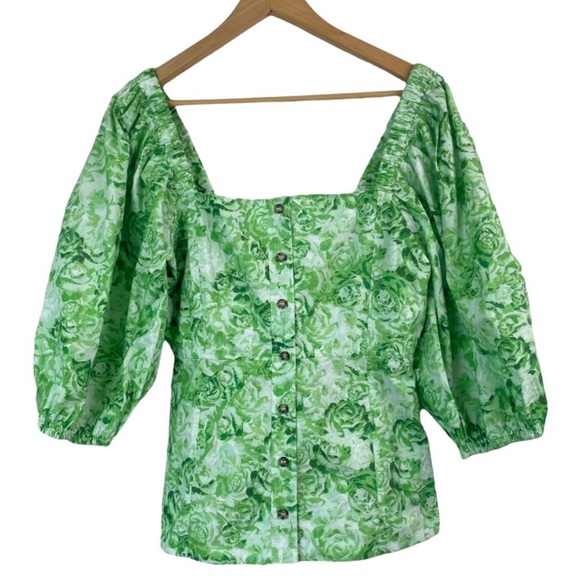Ganni Green Floral Puff Sleeve Poplin Top - Picture 4 of 7